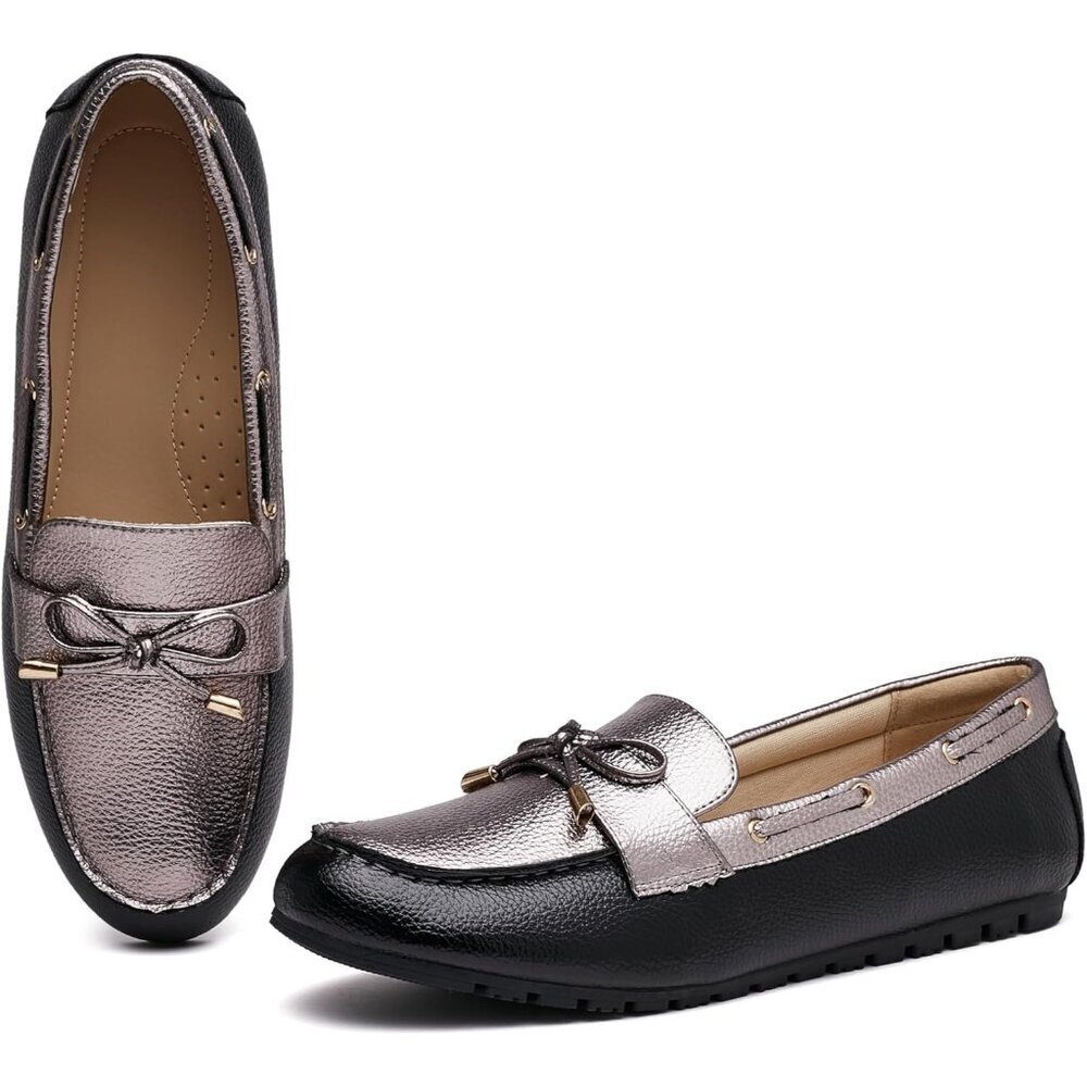 Women’s Silver Black Polyurethane Comfortable Casual Slip On Loafer Flat Shoes
